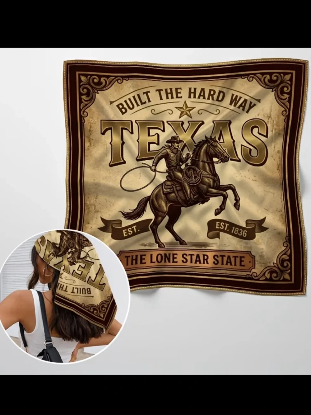 Vintage Texas Lone Star Scarf in Tan and Brown 35”